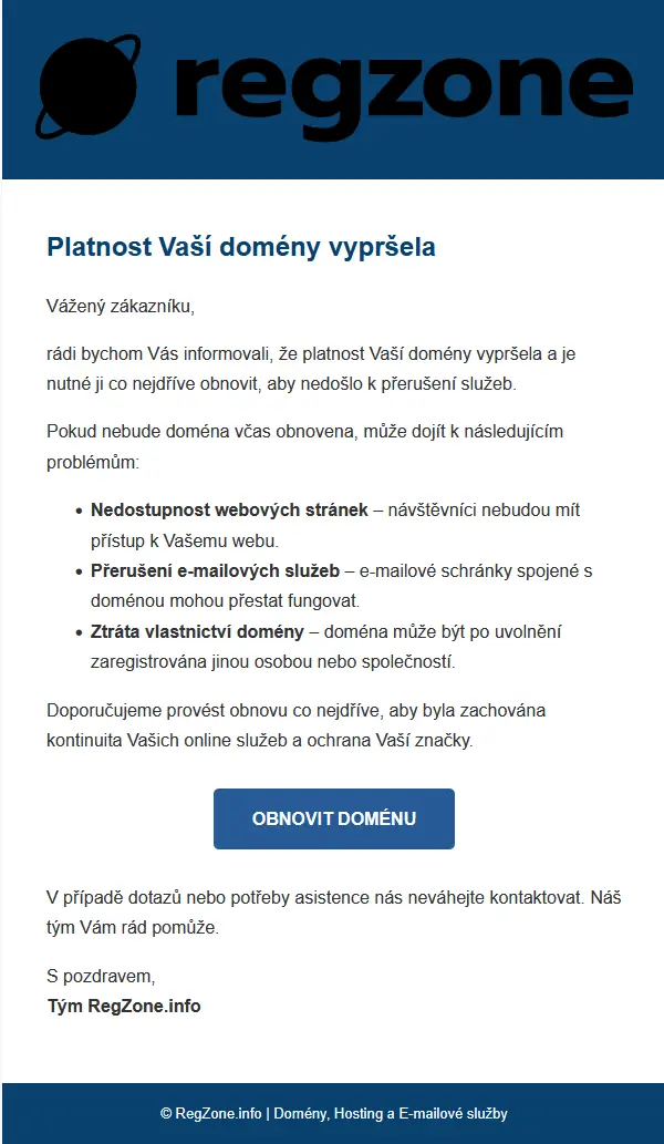Ukázka podvodného e-mailu hrozícího expirací domény - RegZone phishing